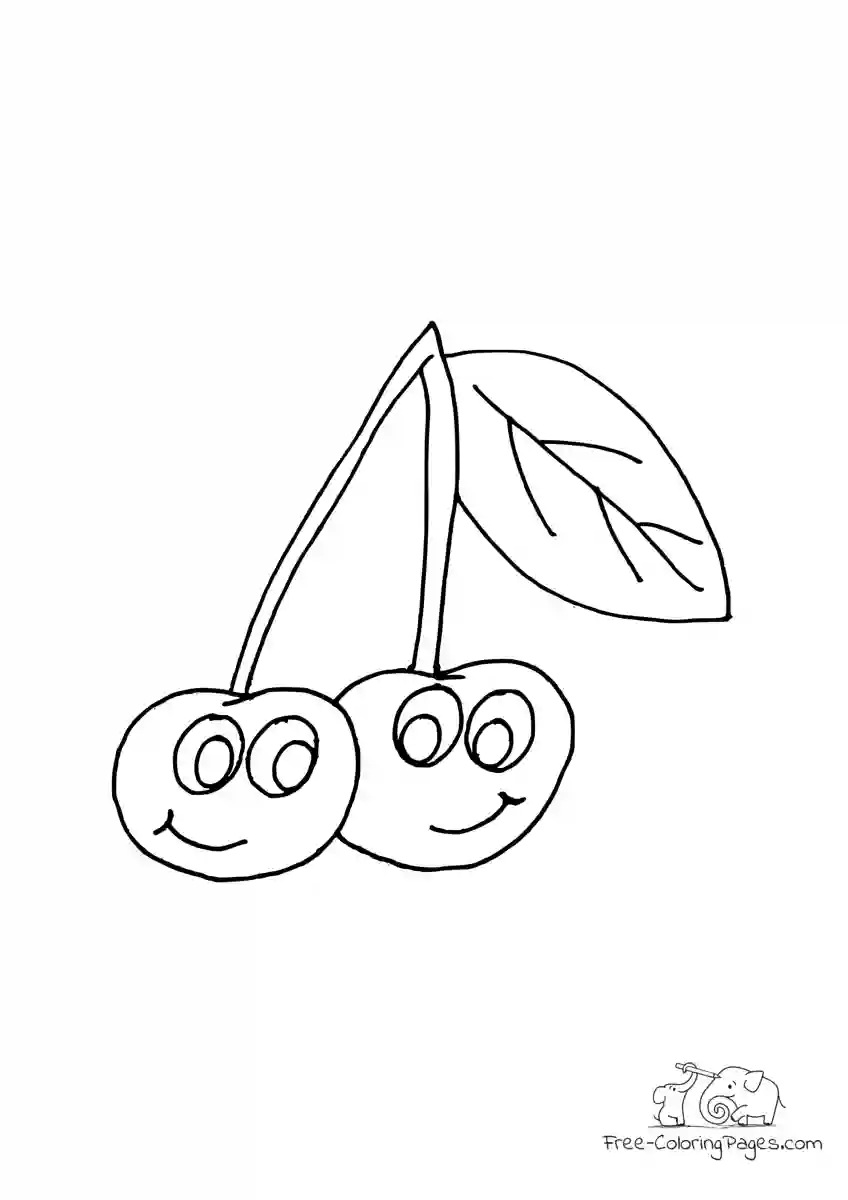 Coloring Page 2 smiling cherries with green leaf