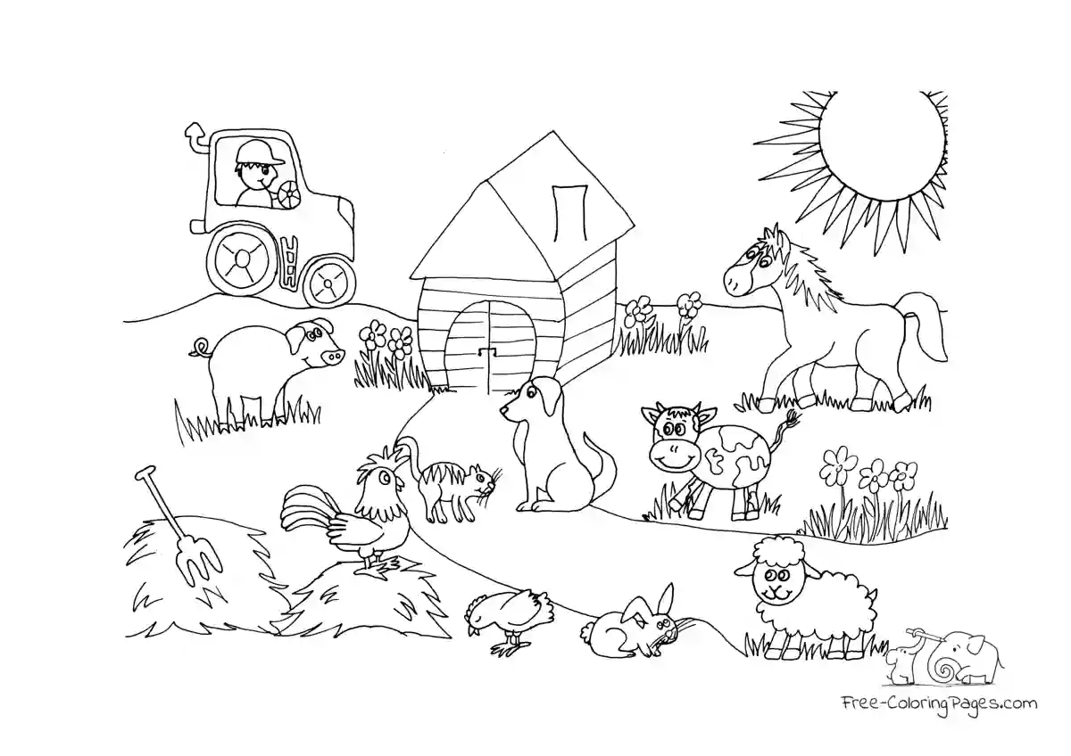 Coloring Page Animal friends on farm with tractor
