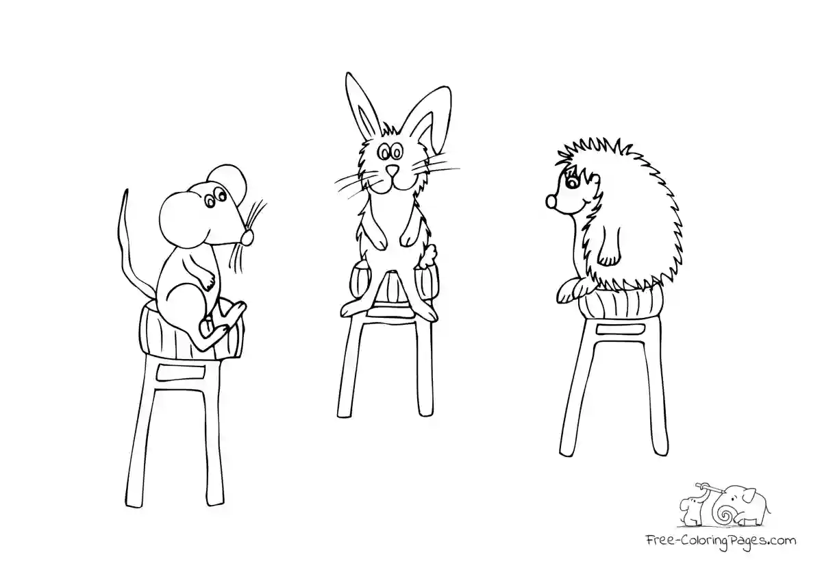 Coloring Page Animal friends - rabbit mouse and hedgehog on the stools ...