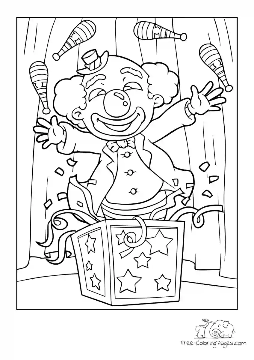 Ausmalbild Clown jumps juggling from star box