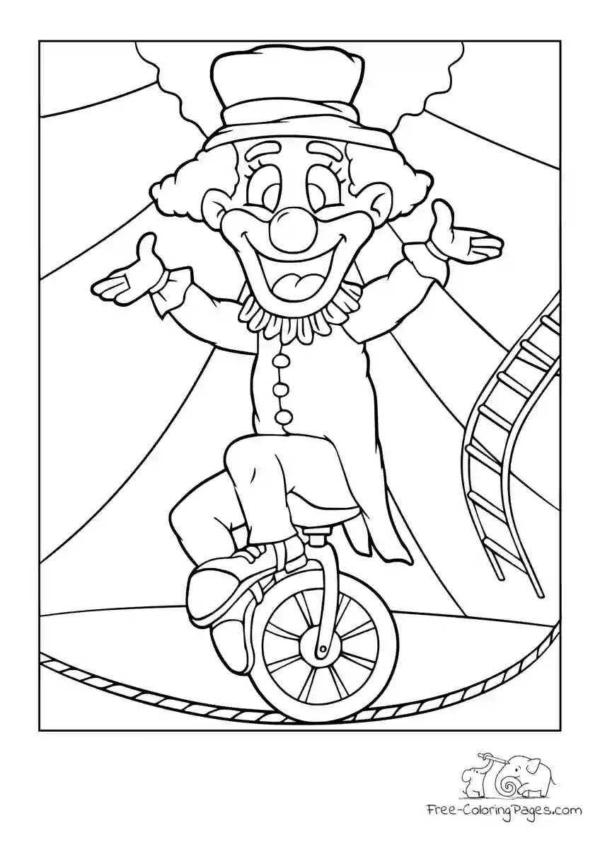 Ausmalbild Clown rides unicycle in circus ring
