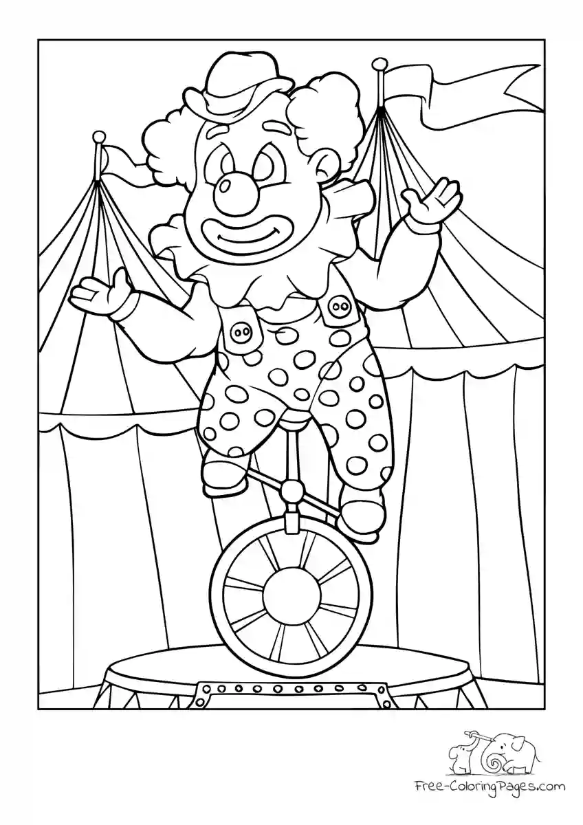 Ausmalbild Clown rides unicycle in circus tent