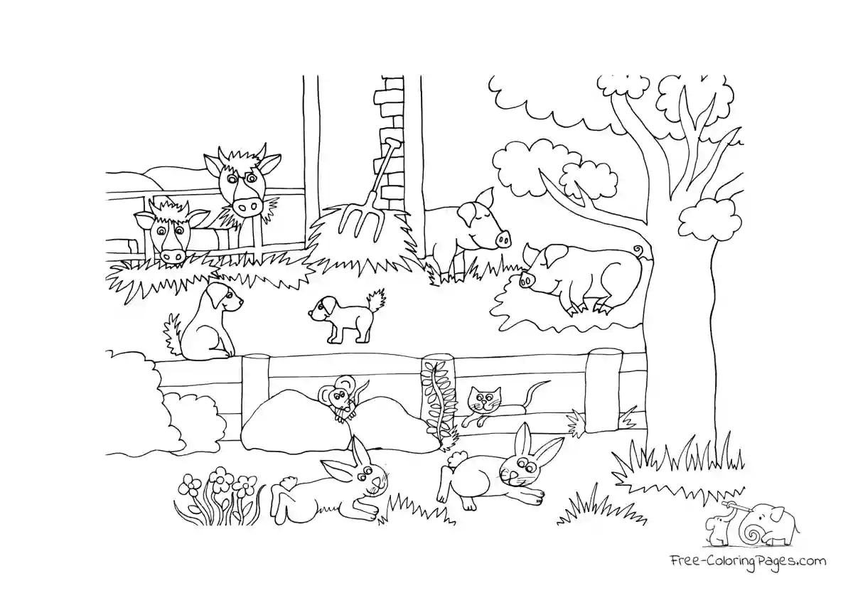 Coloring Page Farm with funny animals