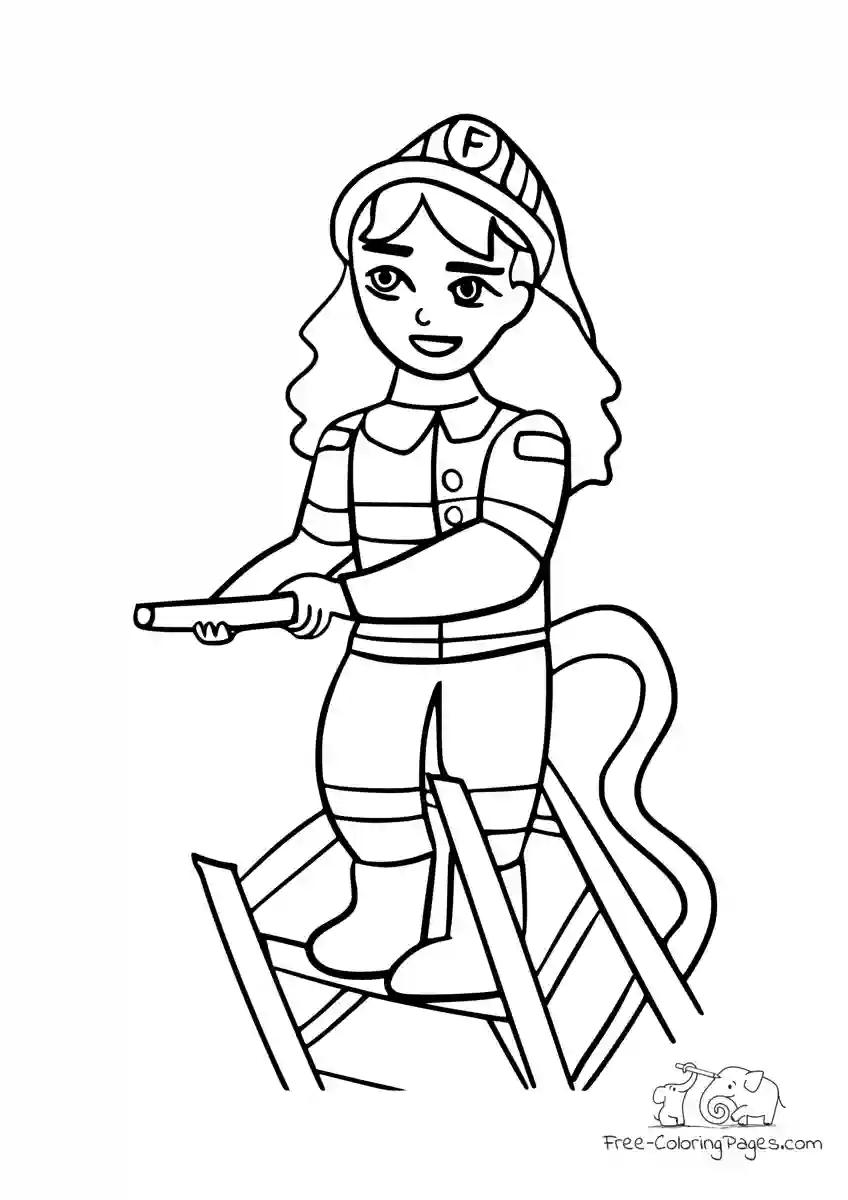 Coloring Page Firefighter on turntable ladder with water hose