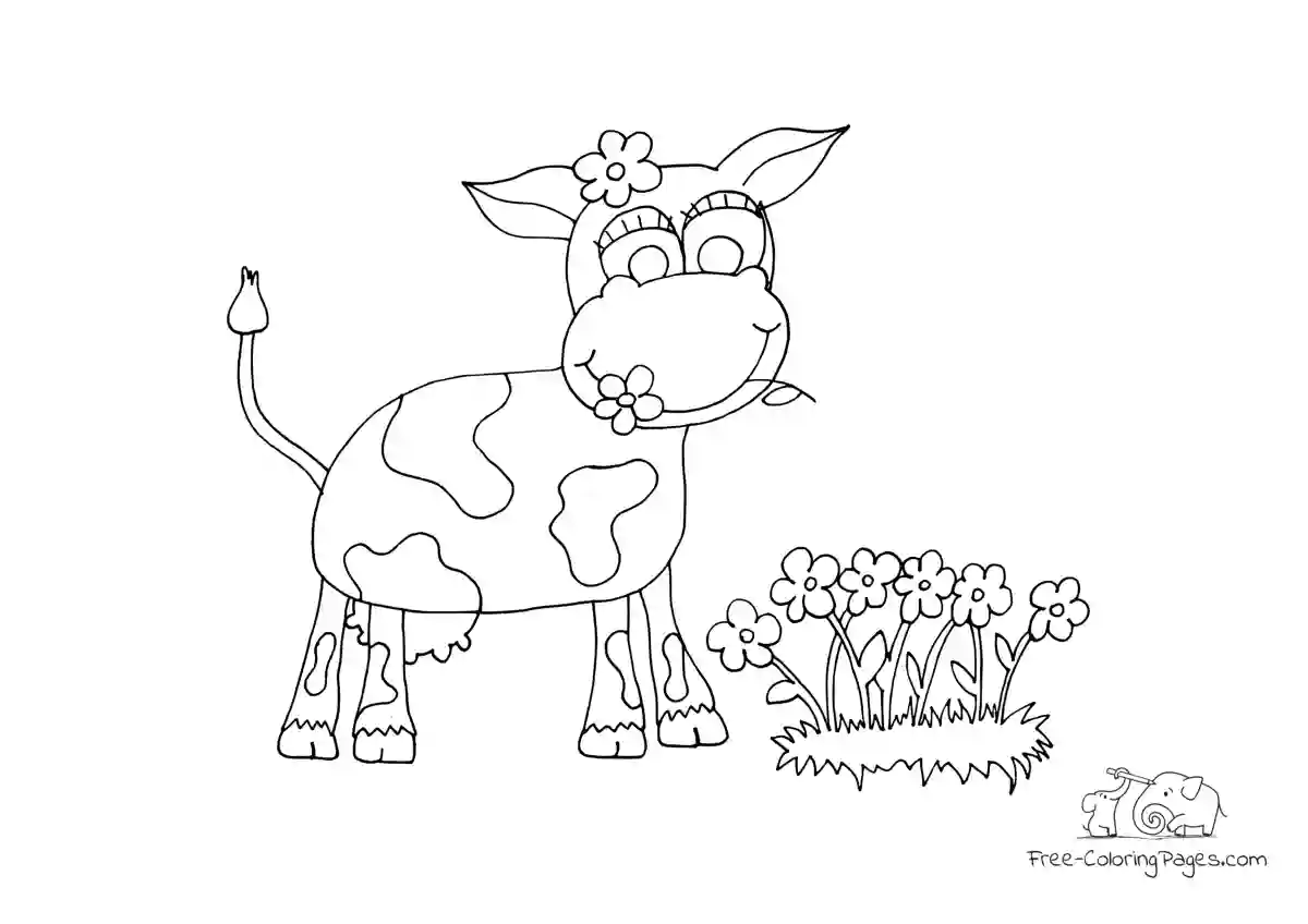 Coloring Page Happy cow on flower meadow