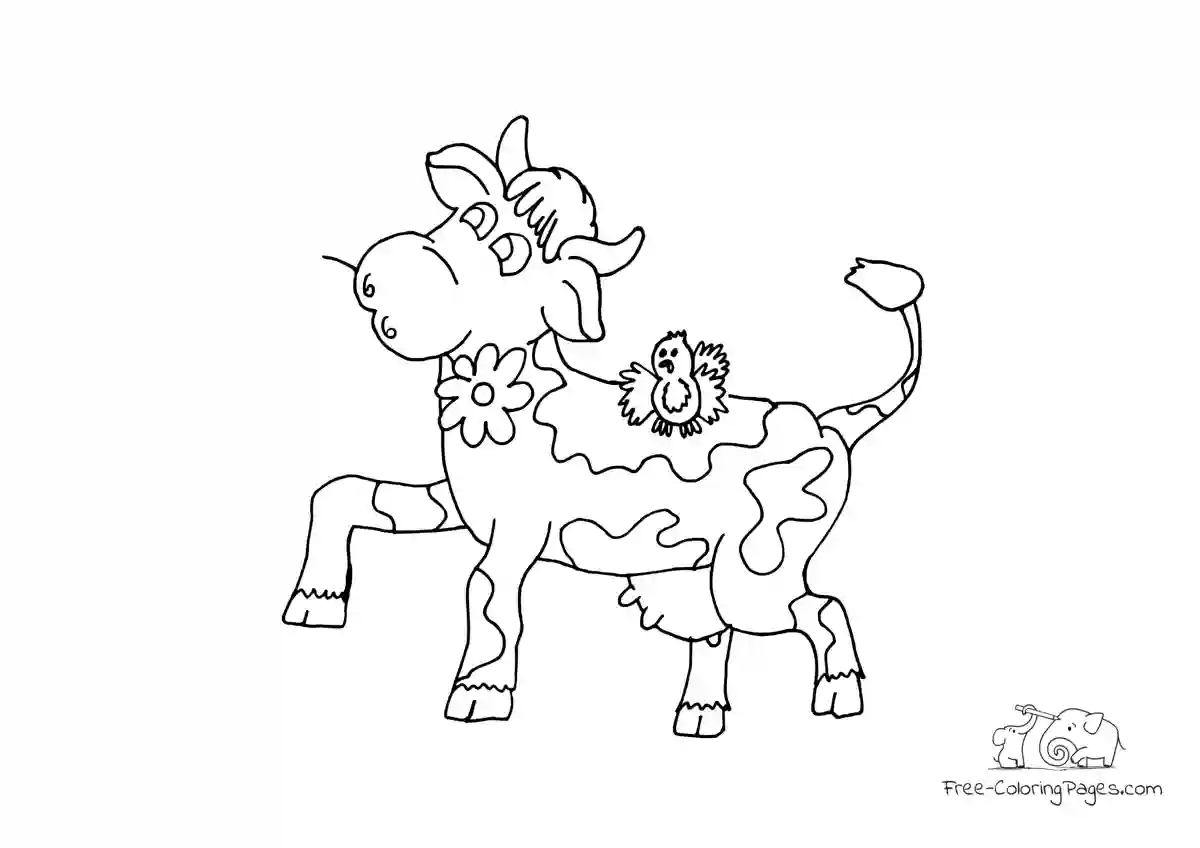 Coloring Page Happy cow with a bird on her back