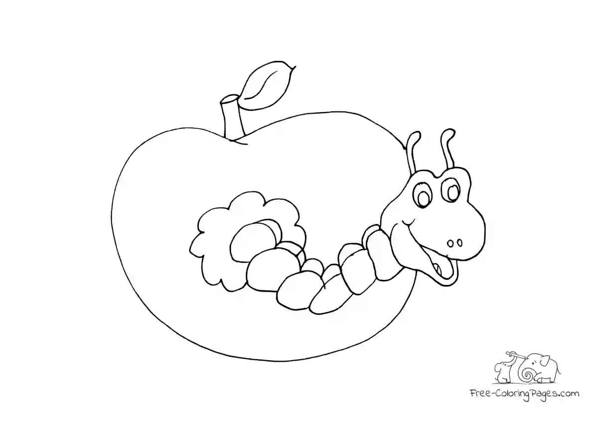 Coloring Page Happy worm in an apple
