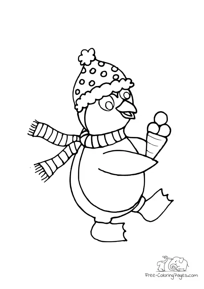 Coloring Page Penguin with cap scarf and icecream