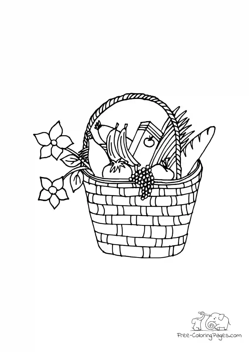 Coloring Page Picnic basket with baguette, fruits, begetables and flowers