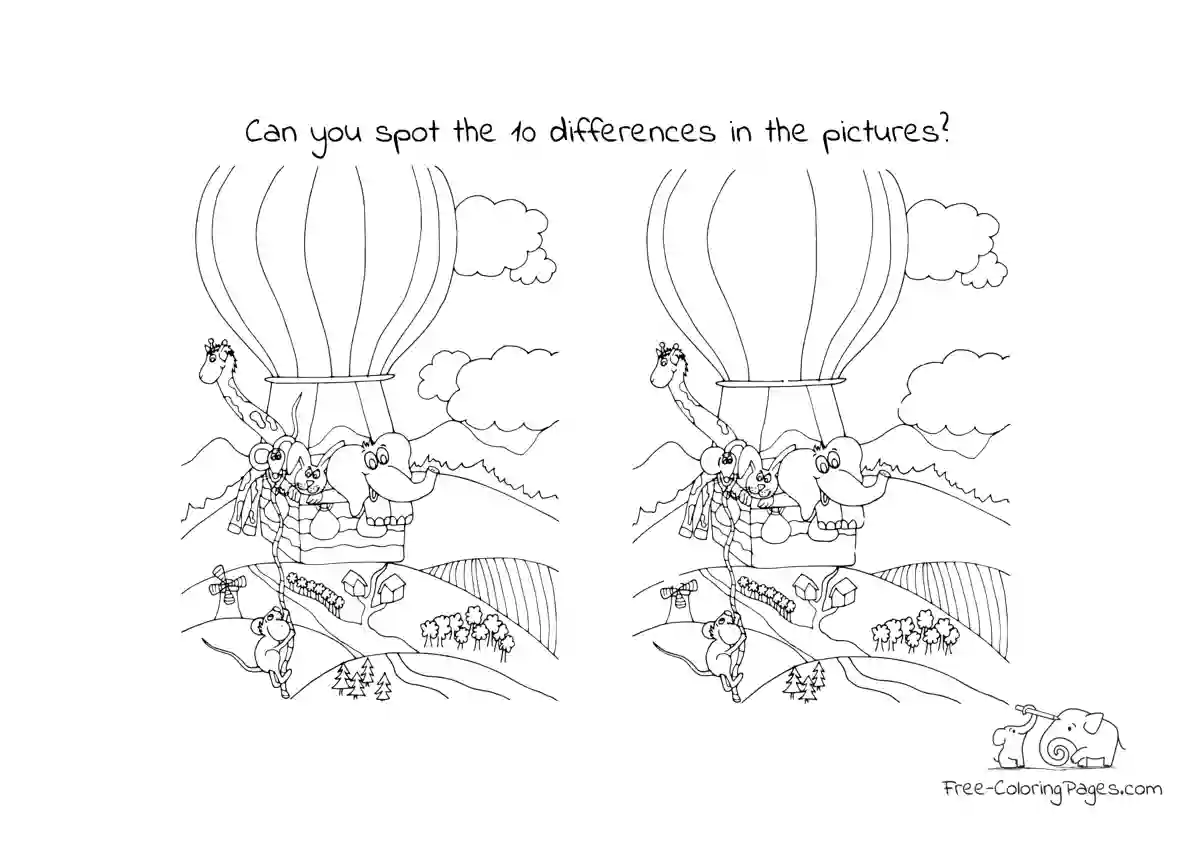 Coloring Page Picture search - spot the difference - animal friends in hot air balloon