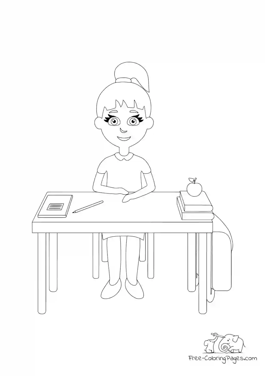 Ausmalbild Schoolgirl desk