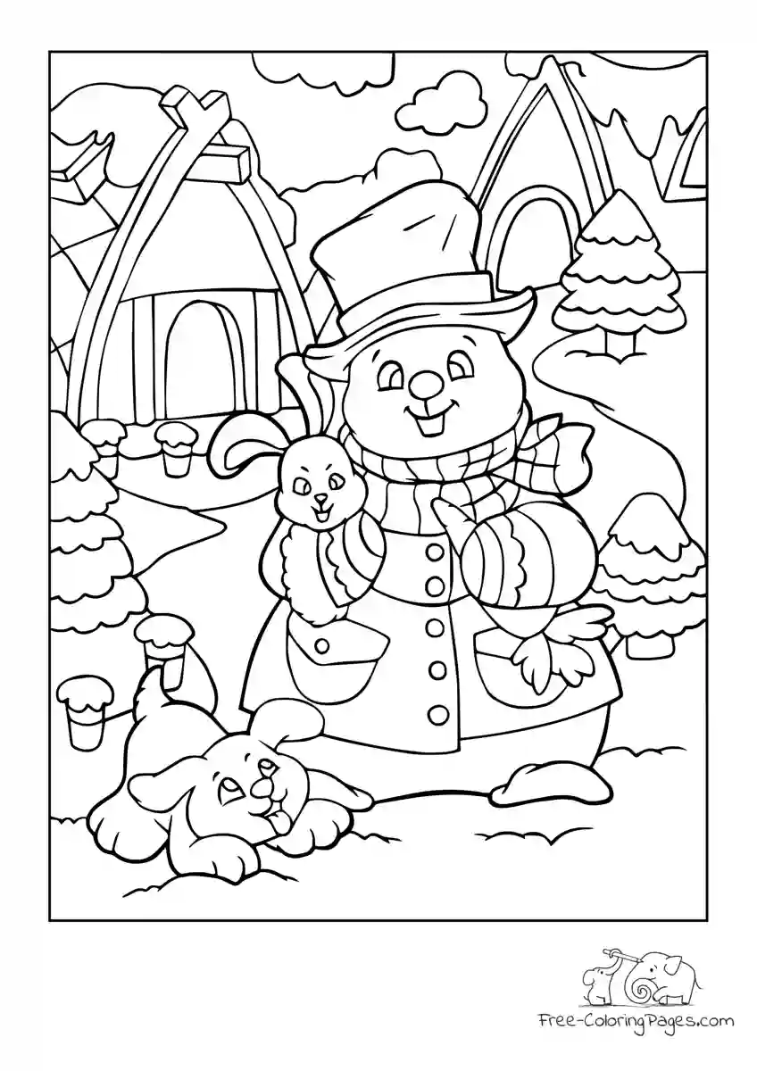 Ausmalbild Snowman with rabbit, dog and carrot