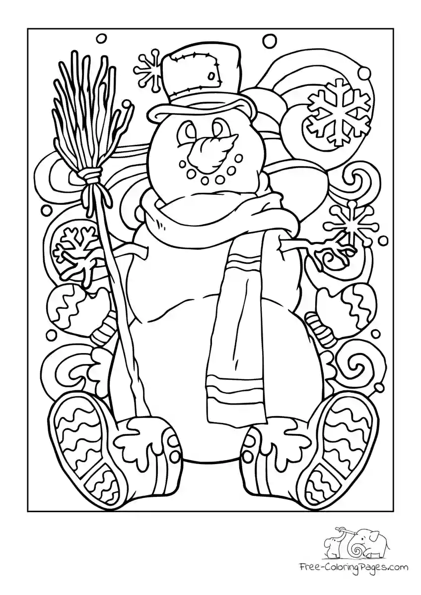 Ausmalbild Snowman with winter boots in snow flurry