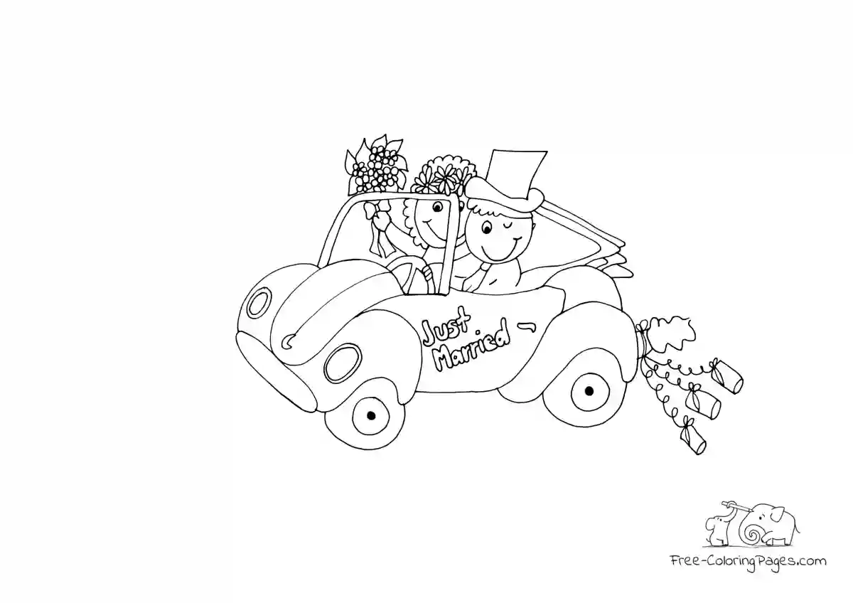Ausmalbild Wedding car convertible with bride and groom